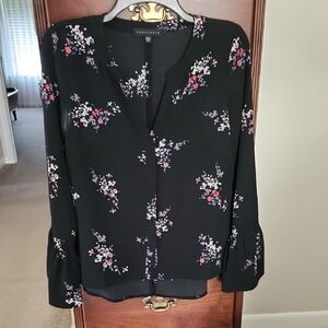 Evereve Black Floral Blouse with Red and White Accents